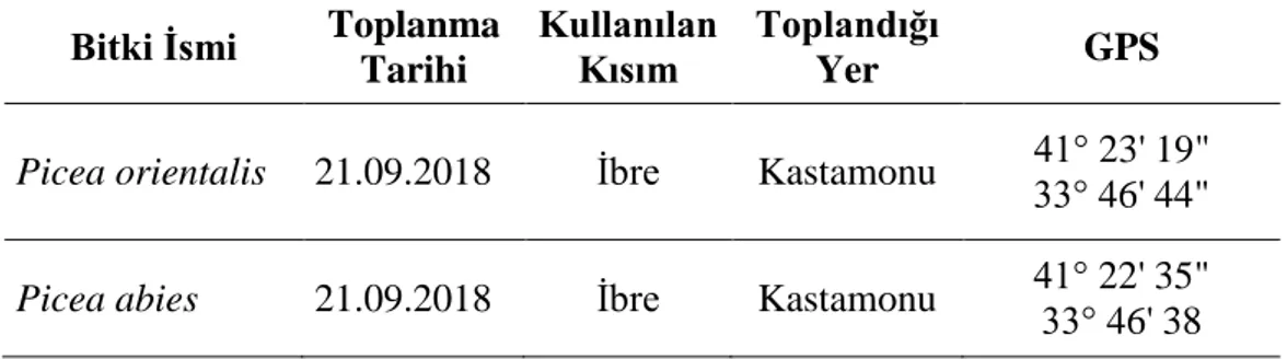 Tablo 3.3. Bitki türleri, toplanma tarihi, kullanılan kısımları ve toplandığı yer 