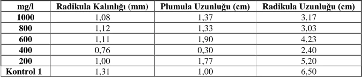 Tablo 4.13. Farklı dozlarda CuO NP işlemine maruz bırakılmış fideciklerde radikula kalınlık 