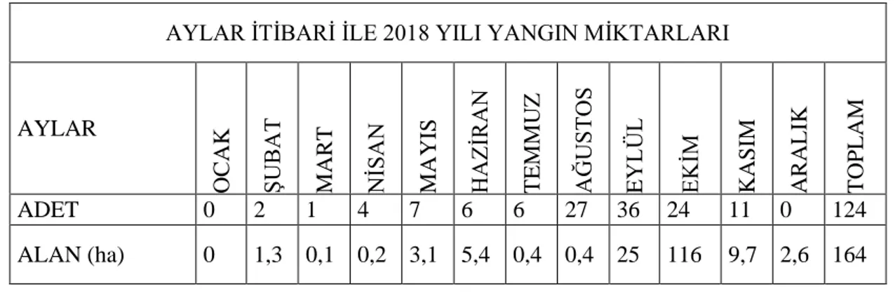 Tablo 4.5. 2018 Yılında Aya Göre Çıkan Yangın Adetleri ve Yanan Alan Miktarları 