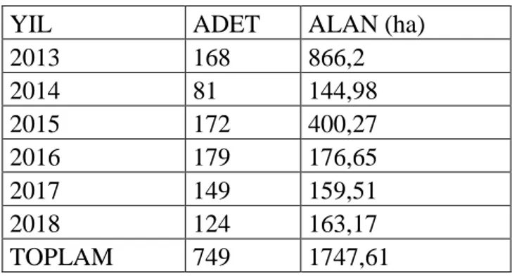 Tablo 4.6. Son 6 Yılda Çıkan Yangın Adetleri ve Yanan Alan Miktarları 