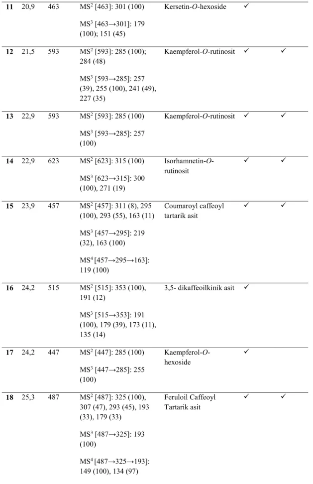 Tablo 4.1’in devamı     11  20,9  463  MS 2  [463]: 301 (100)   MS 3  [463→301]: 179  (100); 151 (45)  Kersetin-O-hexoside    12  21,5  593  MS 2  [593]: 285 (100);  284 (48)   MS 3  [593→285]: 257  (39), 255 (100), 241 (49),  227 (35)   Kaempferol-O-ruti