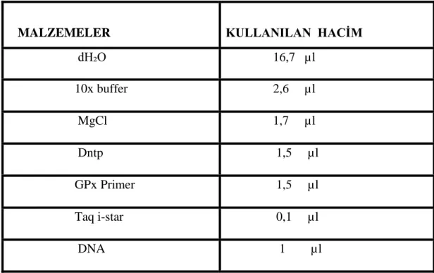 Tablo 3.2. GPX geni PCR Çoğalma Koşulları 