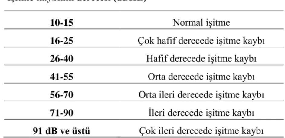 Tablo 3. İşitme kayıplarının sınıflandırılması 