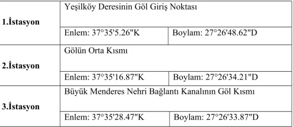 Tablo 3.2. Azap Gölü'nde İstasyonların Seçildiği Noktalar 