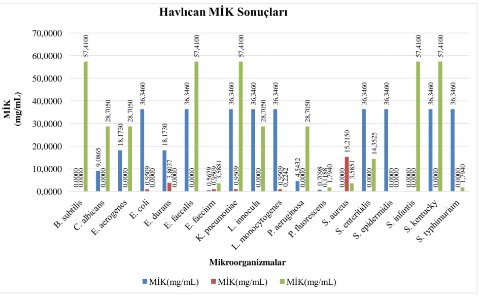 Grafik 4.2. Havlıcan MİK sonuçları (mg/mL) 0,00009,086518,173036,346018,173036,34600,567936,346036,346036,34604,5432 0,7098 0,0000 36,3460 36,3460 0,0000 36,3460 36,34600,00000,00000,00000,95093,80370,00000,95090,95090,00000,95090,00000,118815,21500,00000,