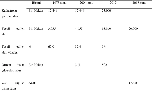 Tablo  1.1.  Kadastrosu  Tamamlanan  ve  Tescil  Edilen  Orman  Alanı  Miktarındaki  Değişim  (Kümülatif) (OGM, 2019) 