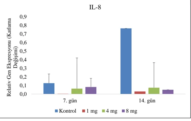 Grafik 4.5.  Yüksek  ardıç  sulu  methanolik  özütünün  14  gün  boyunca  gökkuşağı  alabalıklarına  oral  yolla  beslenme  şırıngası  kullanılarak  verilmesi  sonucunda  IL-8  gen  sunumlarında  meydana  gelen  değişimler  (Katlama  Değişimi)