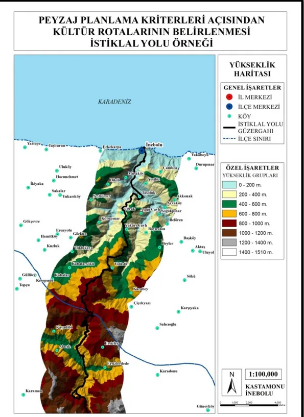 Şekil 3.4. İstiklâl Yolu Kültür Rotası’nın Kastamonu-İnebolu Bölümüne İlişkin Yükseklik  Haritası 