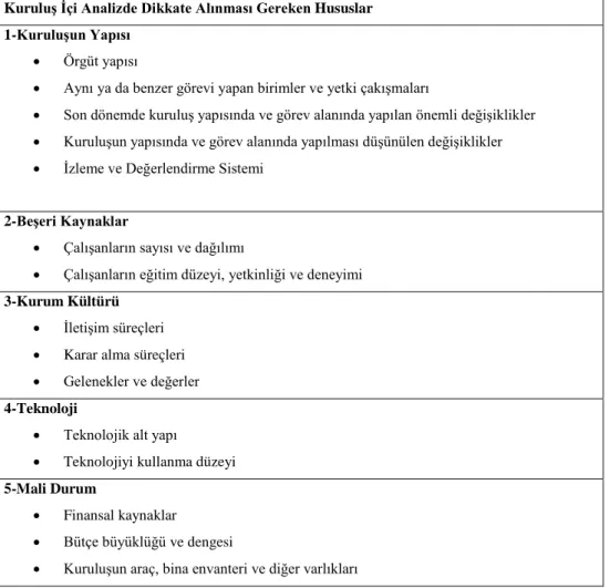 Tablo 9 : Kuruluş İçi Analizde Dikkate Alınacak Hususlar (DPT, 2006: 24) 