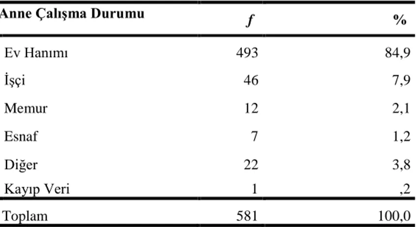 Tablo 2.7’ ye bakıldığında araştırmaya katılanların babalarının çalışma durumlarının  en fazla % 27 oranla işçi olduğu, en az ise %3,1 oranla işsiz olduğu görülmektedir 