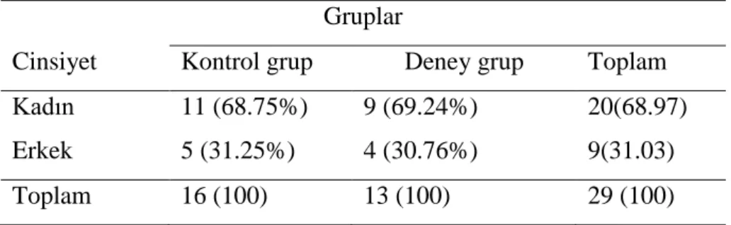 Tablo 3.3. Katılımcıların grup ve cinsiyete göre dağılımı 