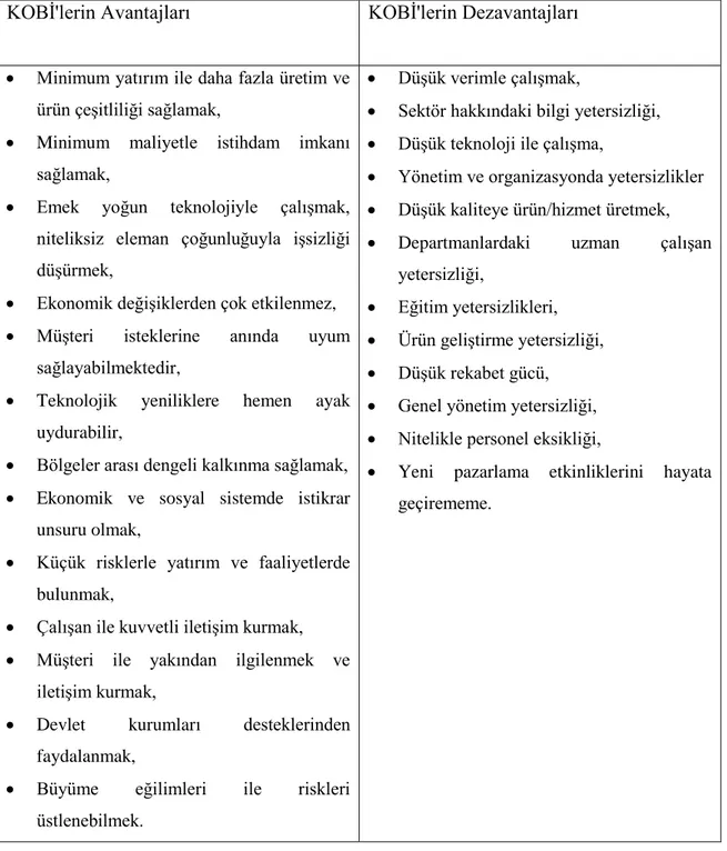 Tablo 2.1. KOBİ'lerin Avantajları ve Dezavantajları 