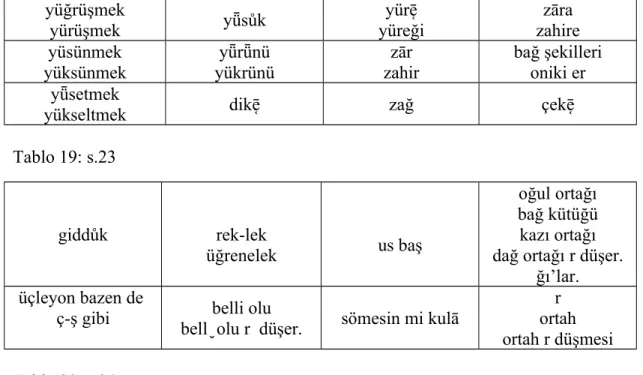 Tablo 19: s.23 giddůk rek-lek üğrenelek us baş oğul ortağı bağ kütüğükazı ortağı dağ ortağı r düşer.