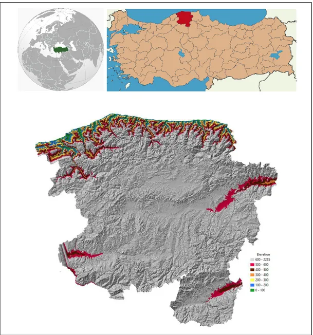 Şekil 3.1. Kastamonu ilinin konumu ve yükselti haritası 