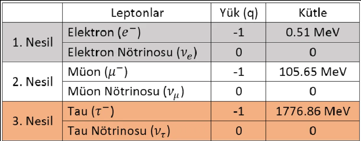 Tablo 2.1. Leptonların sınıflandırılması   