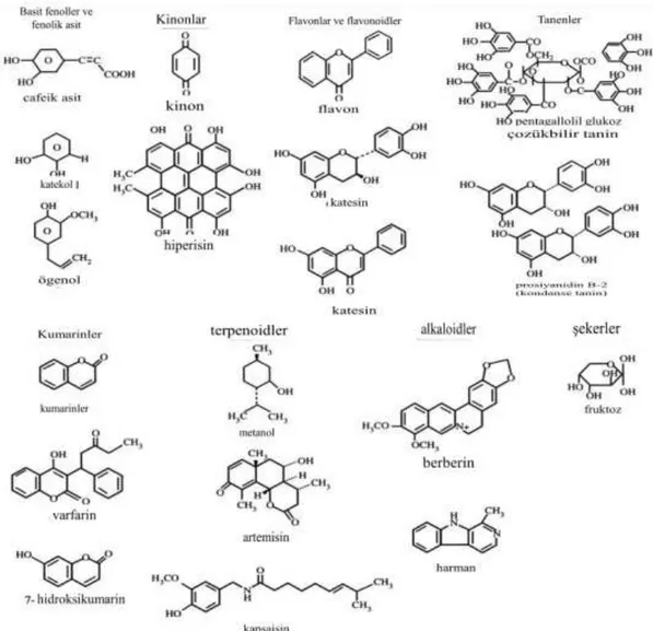 Şekil 1.1. Bazı bitki türevli bileşiklerin kimyasal yapıları. 