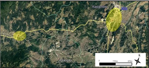 Şekil 2.3. Kastamonu-Araç kara yoluna ait uydu görüntüsü 