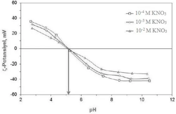 ġekil 2.5. ÇeĢitli KNO 3  Çözeltilerde Zeta Potansiyel-pH Eğrisi 