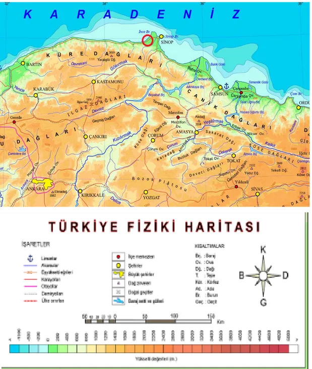 Şekil 3.5. Araştırma alanının Türkiye fiziki haritasındaki yeri  