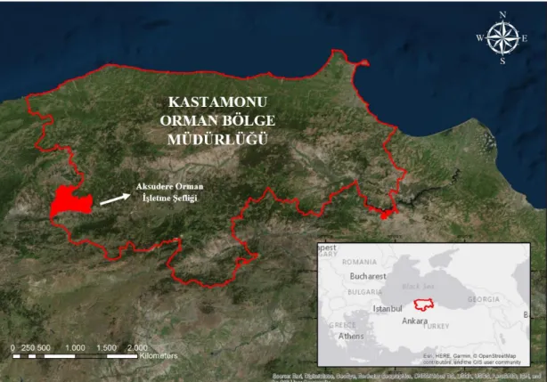 Şekil  3.1.  Kastamonu  Orman  Bölge  Müdürlüğü’nün  ve  Aksudere  Orman  İşletme  Şefliğini coğrafik konumu 