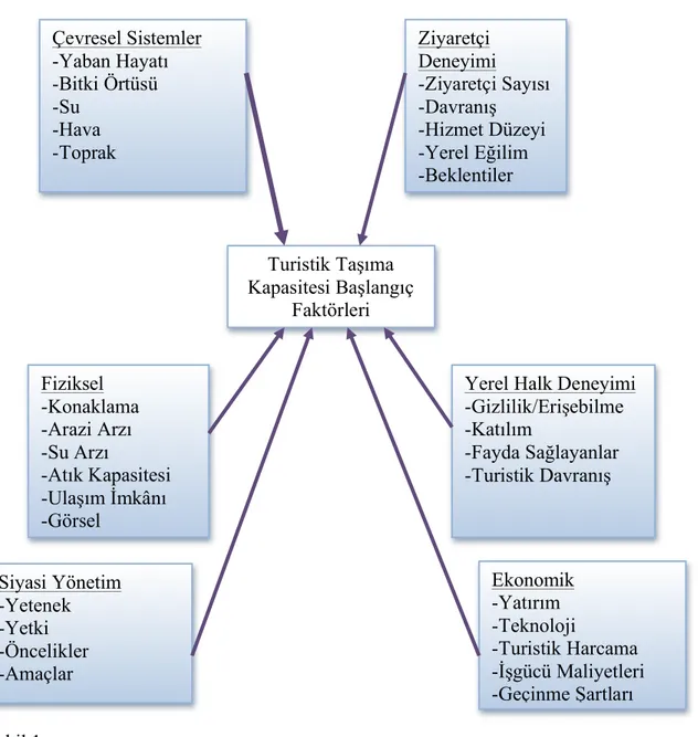 Şekil  1’de  çevresel,  fiziksel,  siyasi,  ekonomik,  yerel  halk  ve  ziyaretçi  deneyiminin  içinde  olduğu  sosyal,  fiziksel,  ekonomik,  çevresel  etkenler;  alt  sistemler  olarak  tanımlanmakta,  taşıma  kapasiteleri  bu  alt  sistemler  arasında  