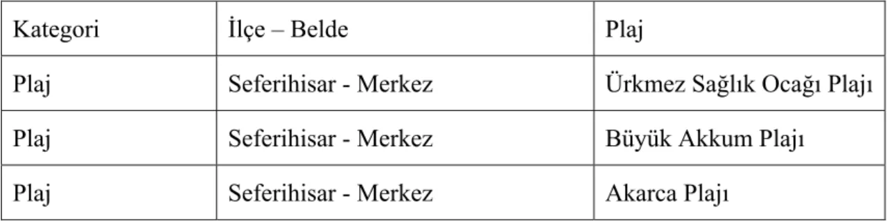 Tablo 2.4. 2012 Verilerine Göre Seferihisar’ın Mavi Bayraklı Plajlar 