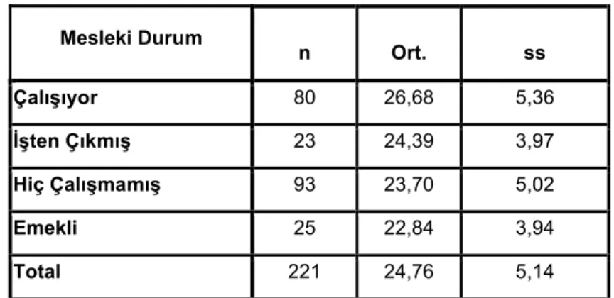 Tablo 19 Annelerin Çalışma Durumlarına Göre Saldırganlık- Kin Puanlarına İlişkin  Betimsel Veriler Mesleki Durum n Ort