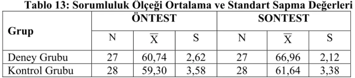 Tablo 13: Sorumluluk Ölçeği Ortalama ve Standart Sapma Değerleri  Grup 