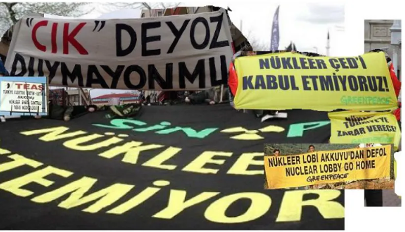 Şekil  3.6.  Akkuyu  ve  Sinop’ta  nükleer  santral  yapımına  karşı  yapılan  gösterilerde  kullanılan pankartlardan bazıları  