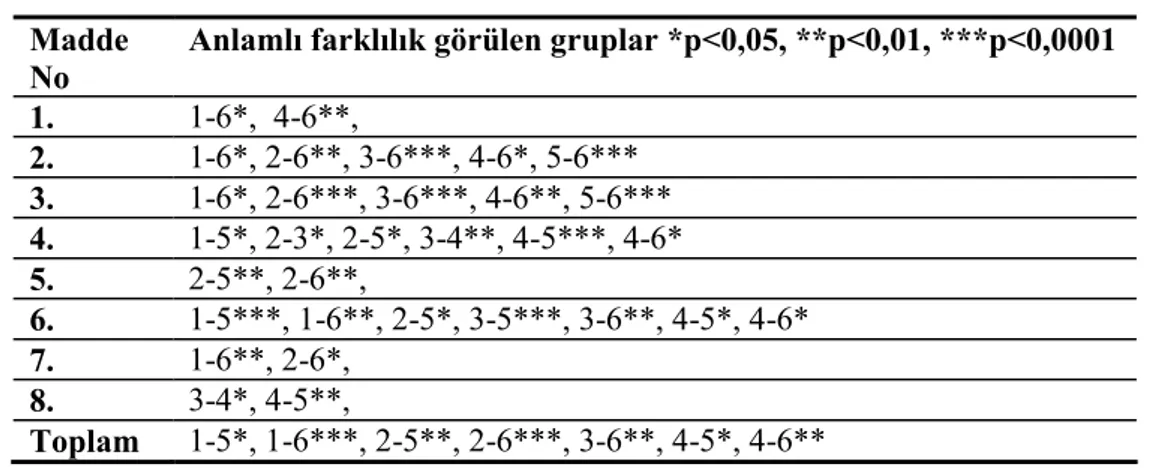 Tablo 6. Sorumluluk Ölçeğinde Scheffe Testine Göre Anlamlı Farklılık Görülen Gruplar Madde