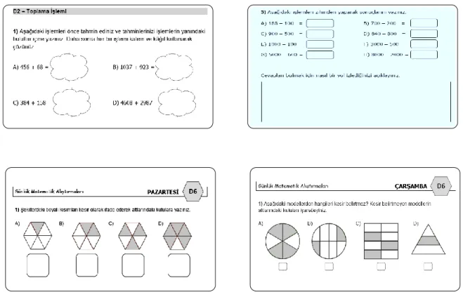 Şekil 5. Eğitimlerde kullanılan günlük matematik alıştırma örnekleri 