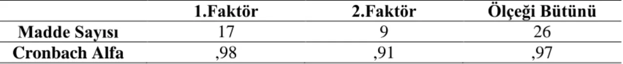 Tablo 9: İki Faktör ve Ölçeğin Tamamına İlişkin Cronbach Alfa Güvenirlik Katsayıları 