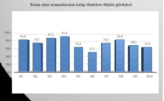 ġekil 5. Konu alan uzmanlarının kalıp ifadelere iliĢkin görüĢleri (%) 0,020,040,060,080,0100,0M1 M2 M3 M4 M5 M6 M7  M8  M9  M10 83,0 74,7 87,2 91,5 63,8 51,1 74,5 83,0 68,1 63,8 