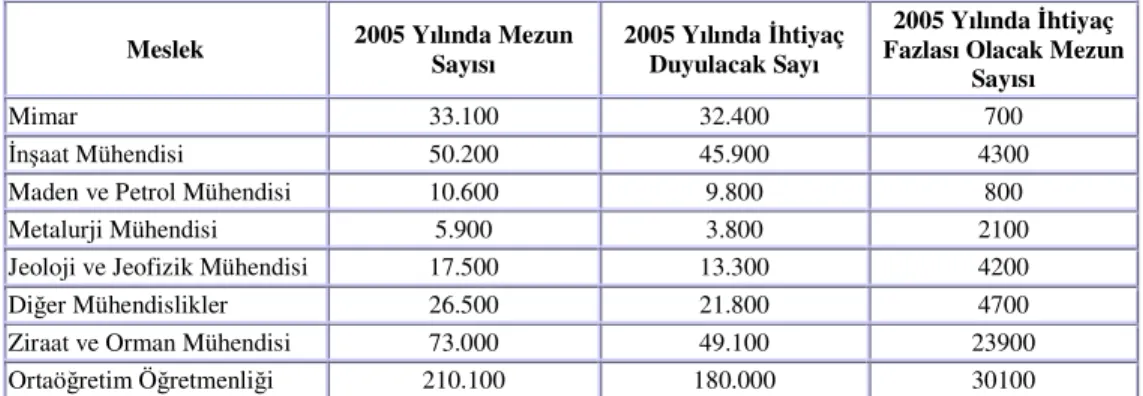 Tablo 1.3.1 Türkiye’de 2005 Yılında Meslek Alanlarına İlişkin Mevcut Olan 