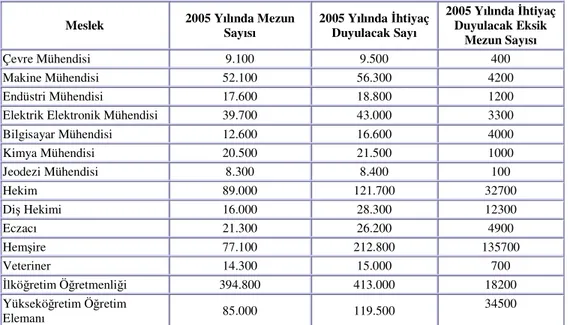Tablo 1.3.2. Türkiye’de 2005 Yılında Meslek Alanlarına İlişkin Mevcut Olan 