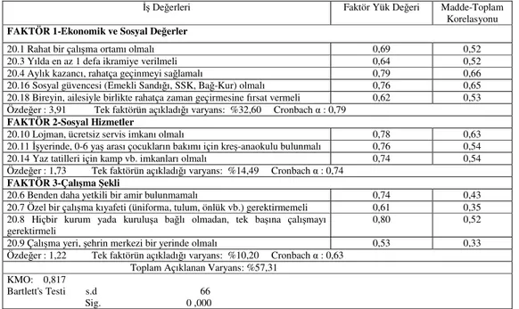 Tablo 2.11 İş Değerleri Alt Ölçeğine Uygulanan Madde ve Faktör Analizi Sonuçları 