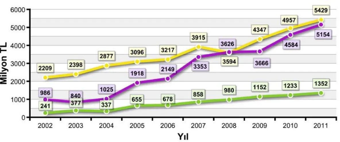 ġekil incelendiğinde 2002 yılında 2.209 milyon TL olan Yükseköğretim Ar-Ge harcaması  aynı dönemdeki Özel Sektörün ve Kamu Sektörünü toplam Ar-Ge harcamasının yaklaĢık  iki katı olduğu görülüyor