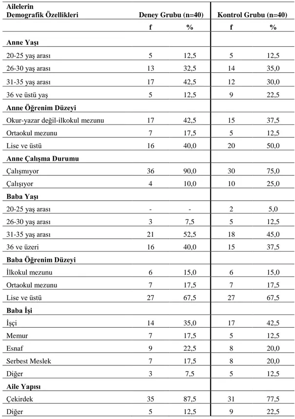 Tablo  2.  Deney  ve  Kontrol  Grubundaki  Çocukların  Ailelerine  Ait  Demografik  Özelliklerin Frekans ve Yüzde Dağılımları 