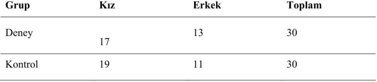 Tablo 4: Cinsiyete Göre Deney ve Kontrol Gruplarındaki Öğrenci Sayıları 