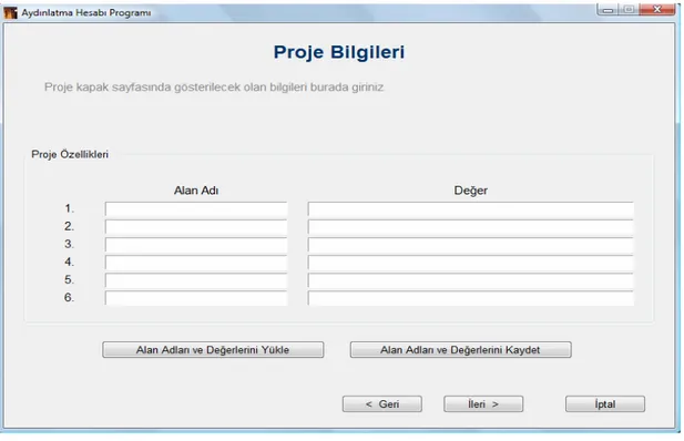 Şekil 6.1. Programda proje bilgilerinin girilmesi ve kayıt işlemleri 