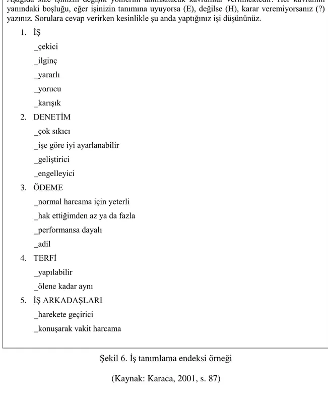 Şekil 6. İş tanımlama endeksi örneği  (Kaynak: Karaca, 2001, s. 87) 