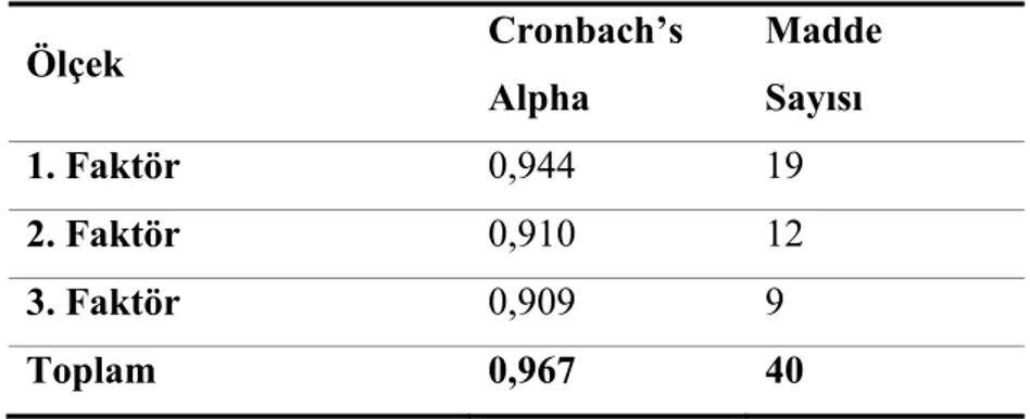 Tablo 3.6.  Güvenilirlik Analizi  Ölçek  Cronbach’s  Alpha  Madde Sayısı  1. Faktör  0,944 19  2