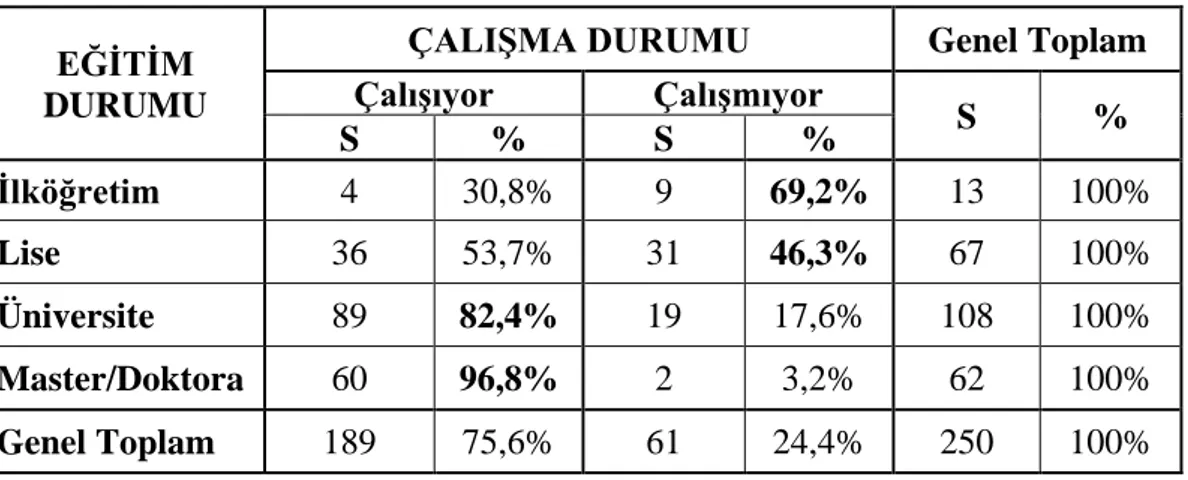 Tablo 7  incelendiğinde 18-25 yaş grubundaki annelerin %60'ının lise mezunu, 26- 26-35  yaş grubundakilerin %53,2'sinin üniversite mezunu, 36-45 yaş grubundaki annelerin  %37'sinin master/doktora mezunu  olduğu görülmektedir