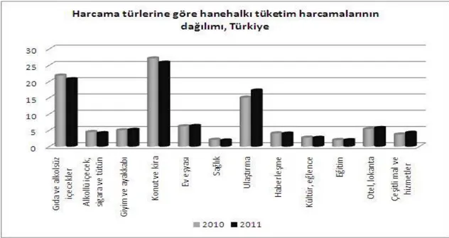 Şekil 2. Türkiye’de Harcama Türlerine Göre Hane Halkı Tüketim Harcamalarının Dağılımı                 (Sayı: 10875   13/08/2012 Haber Bülteni http://www.tuik.gov.tr/) 
