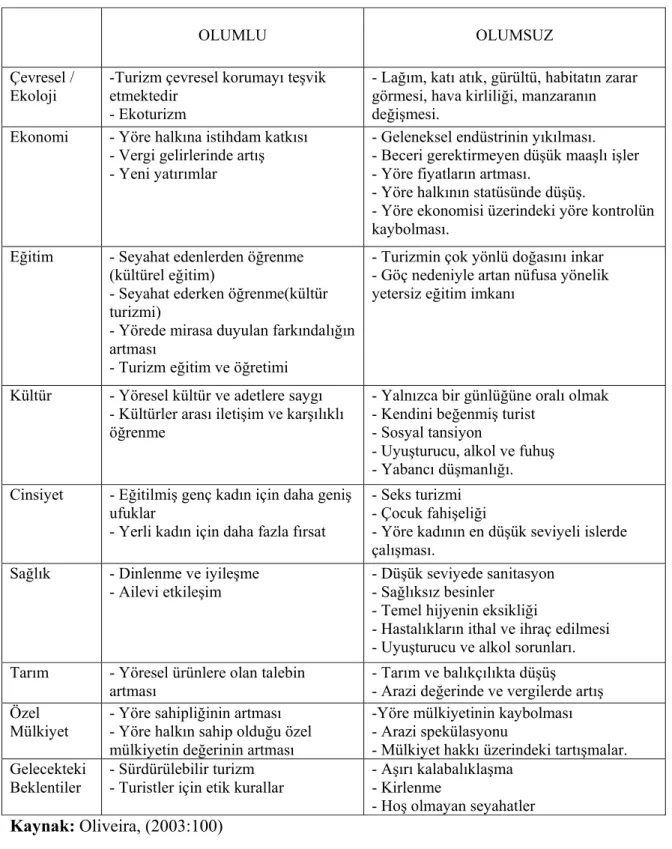 Tablo 1: Turizmin Etkileri 