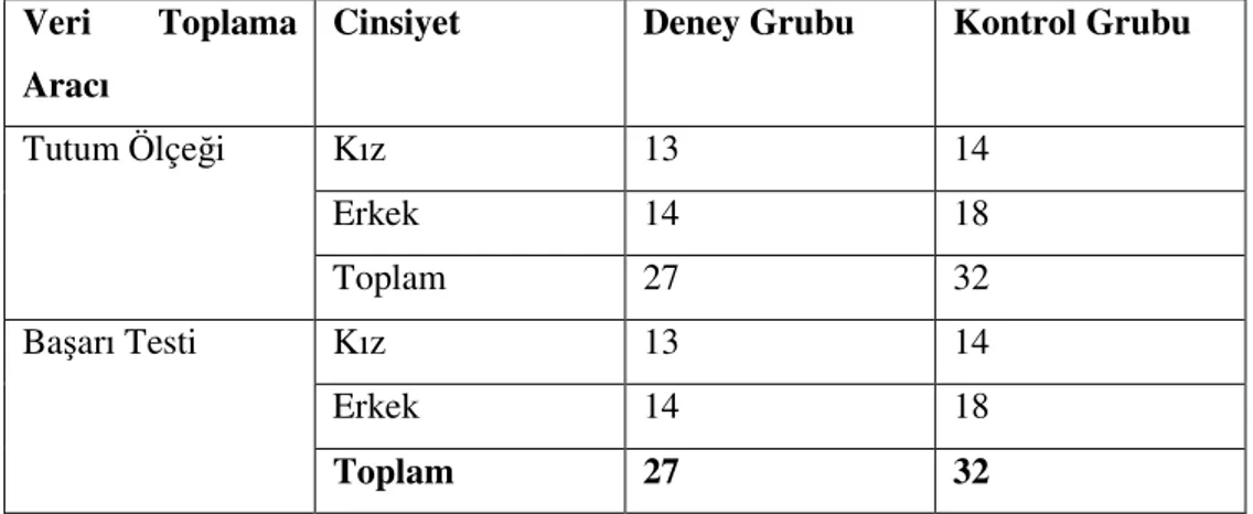 Tablo 3.2: Veri Toplama Aracına Göre Deneklerin Gruplara ve Cinsiyete Göre  Dağılımı 