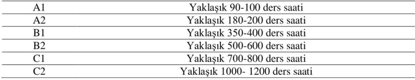 Tablo 7: Dil Yeterlik Düzeylerine Göre Ders Saatleri 