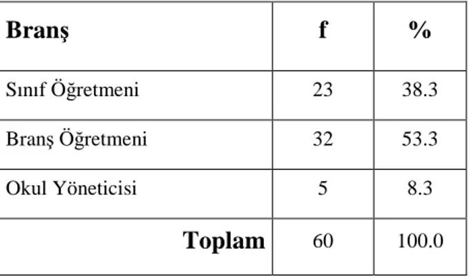 Tablo  14’te    araştırmaya  katılan  öğretmenlerin    %38.3’ünün  sınıf  öğretmeni,   %53.3’ünün branş öğretmeni,  %8.3’ünün okul yöneticisi olduğu görülmektedir