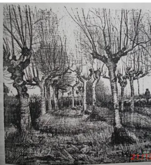 ġekil 3. Natürel Çizgi (Vincent Van Gogh, “Kadın ve Koyun Sürüsüyle Beraber  BudanmıĢ HuĢ Ağaçları” kurĢunkalem ve tükenmez kalem,1884) 