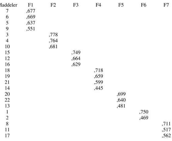 Tablo 3.9. Maddelerin Yer Aldıkları Faktörler ve Yük Değerleri 